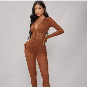 sheer mesh crop panel ruched jumpsuit brown sized L 8/10